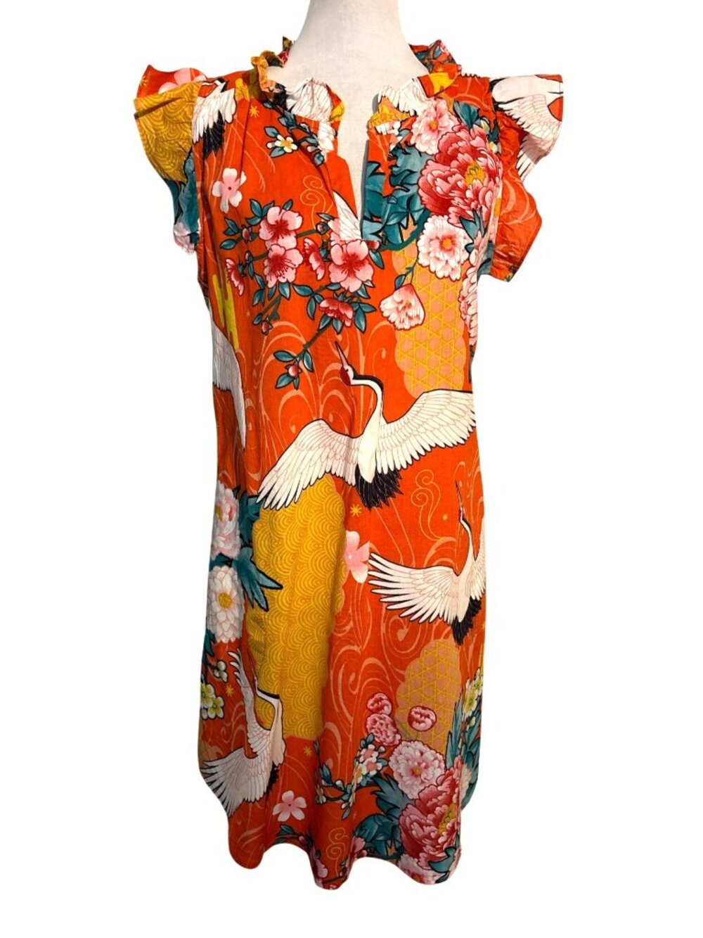 Dolma Cotton Floral & Crane Ruffle Sleeve Shift Dress Size M